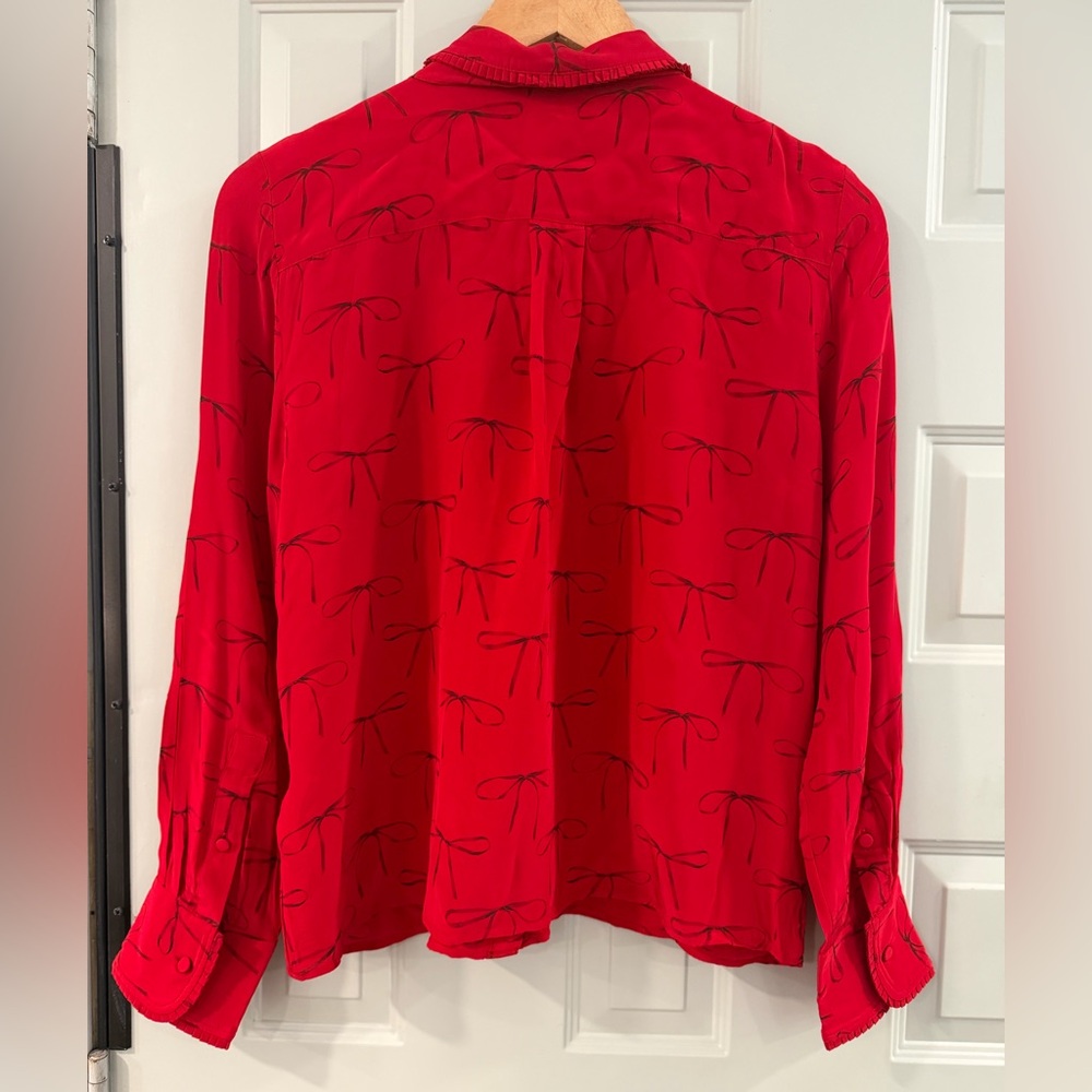 J CREW Red Bow Print Button Up Shirt Removable Neck Tie Crepe de Chine Blouse - Picture 6 of 7